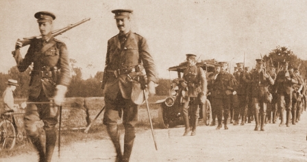 Lieutenant-Colonel N.A.L. Corry leads the 2nd Battalion out of Le Havre, August 1914.